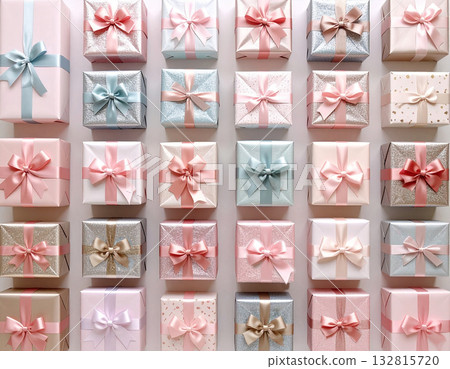 Perfect gifts. Gift boxes in pastel colors. Celebration, birthdays, Christmas and branding. Packaging. Top view. 132815720