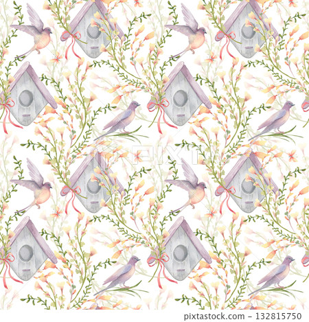 Watercolor meadow flowers and swallows seamless pattern in pastel colors isolated. Birdhouse and flowers gentle endless background. Hand painted summer garden soft print for girly design textile. Watercolor meadow flowers and swallows seamless pattern in pastel colors isolated. Birdhouse and flowers gentle endless background. Hand painted summer garden soft print for girly design textile. 132815750