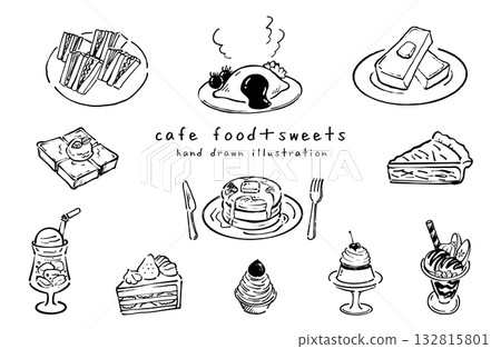 Cafe food and sweets hand-drawn illustration set 132815801