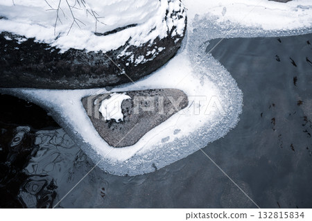 In winter, the Jizerka River flows slow and cold, surrounded by snow-covered rocks and ice. This serene scene captures the beauty of the Czech wilderness in the chilly season. 132815834