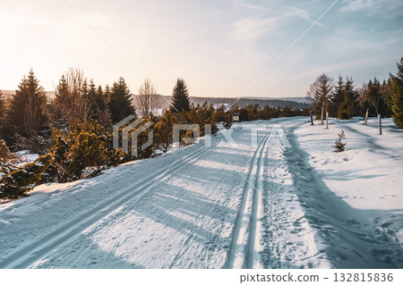 Cross-country skiing tracks lead through the snowy landscape of Jizerka Village on a sunny winter day. Perfect weather for leisure activities and enjoying nature. 132815836