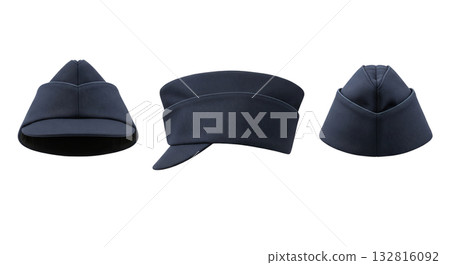 Dark blue military garrison cap or forage cap in three views for army or navy officer uniform 132816092