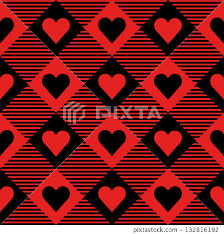 Red and black buffalo check with hearts seamless vector pattern, diagonal plaid background Red and black buffalo check with hearts seamless vector pattern, diagonal plaid background 132816192