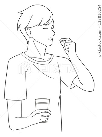 黑白插圖,描繪一名男子正在服用營養補充品。 黑白插圖,描繪一名男子正在服用營養補充品。 132816254