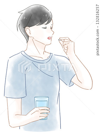 水彩插畫,描繪了一位男士正在服用營養補充劑。 水彩插畫,描繪了一位男士正在服用營養補充劑。 132816257