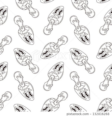 Seamless pattern of mushroom with dripping shape on white background. Groovy line art style psychedelic and playful design. 132816268