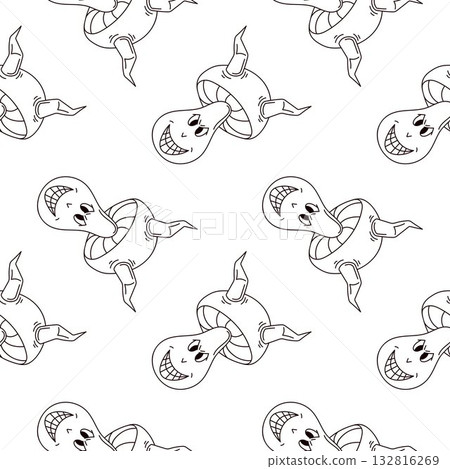 Seamless pattern with groovy devil mushroom with smiling face and horns on white background in groovy line art style. 132816269