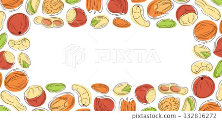 Border frame with nut, almond, cashew, peanut, walnut, hazelnut, pistachio, macadamia and pecan in flat style. Design for grocery store card. 132816272
