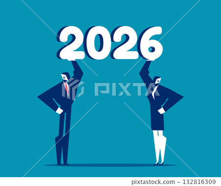 2026. Artificial intelligence robot holding figures of 2026 132816309