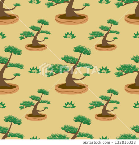 Cute Japanese Bonsai Tree Seamless Pattern 132816328