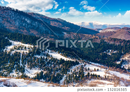 snow covered winter landscape of carpathian mountains. scenic view of countryside landscape with forested hills. fields on slopes on a sunny morning. rural life in uzhok village of ukraine 132816385