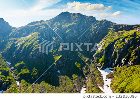 romania mountain landscape in summer. fagaras ridge on a sunny day under blue sky with clouds. alpine scenery with rocky peaks and steep slopes. horizontal travel background of scenic place for hiking 132816386