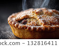 Close-up of freshly baked mince pie with powdered sugar on top on black background 132816411