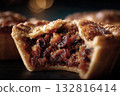 Close-up of mince pie filling, rich dried fruits and spices, broken crust revealing texture 132816414
