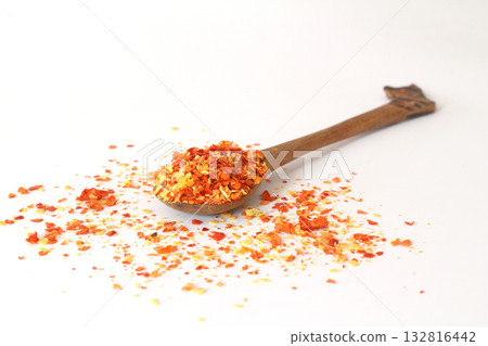 Wooden spoon with Red pepper or cayenne pepper crushed. Wooden spoon with Red pepper or cayenne pepper crushed. 132816442