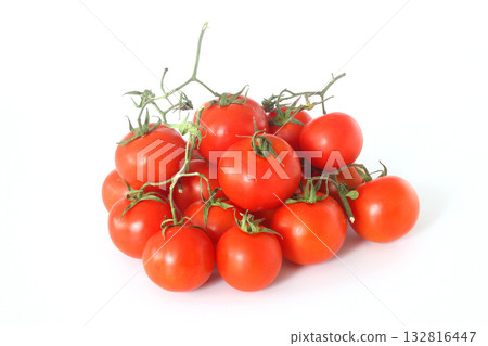 Red tomatoes of fresh harvest on a branch on an isolated white background, top view 132816447