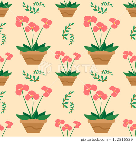 Seamless Pattern of Pink Potted Flowers and Green Sprigs on Light Peach Background 132816529