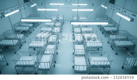 Sterile Hospital Nursery With Empty Metal Cribs Sterile Hospital Nursery With Empty Metal Cribs 132816559