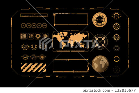 Futuristic digital world map dashboard interface with global data visualization elements 132816677