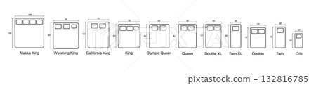 Bed Sizes and Mattress Dimensions . Pictograms depict icons of bed sizes. Vector Bed Sizes and Mattress Dimensions . Pictograms depict icons of bed sizes. Vector 132816785