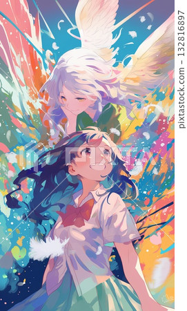 一個女孩和一個仙女在色彩繽紛的背景下翩翩起舞。 132816897