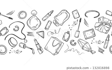 Seamless vector border of perfume flacons, makeup items and scribbles. Hand drawn black white design for fashion magazines, gift wrap and beauty blog graphics. Monochrome girls items repeat pattern. Seamless vector border of perfume flacons, makeup items and scribbles. Hand drawn black white design for fashion magazines, gift wrap and beauty blog graphics. Monochrome girls items repeat pattern. 132816898