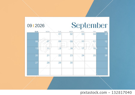 September 2026 calendar page on yellow and blue color background. 132817040