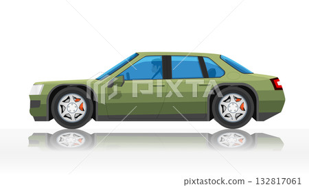 Concept vector illustration of detailed side of a flat green sedan car. with shadow of car on reflected from the ground below. can view interior of car with driver man. Concept vector illustration of detailed side of a flat green sedan car. with shadow of car on reflected from the ground below. can view interior of car with driver man. 132817061