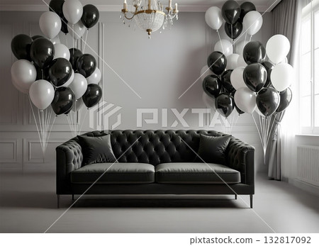 一個別緻現代的派對房間，裝飾著單色氣球和黑色天鵝絨沙發。 132817092