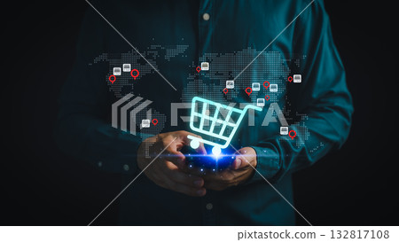 Digital shopping cart icon with global map and network connection, symbolizing e-commerce, online retail, worldwide business, shopping online, internet marketing and global digital trade concept. Digital shopping cart icon with global map and network connection, symbolizing e-commerce, online retail, worldwide business, shopping online, internet marketing and global digital trade concept. 132817108