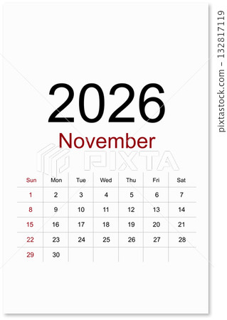Calendar November 2026 flat style isolated on white background, Save clipping path. 132817119