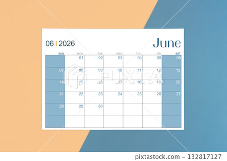 June 2026 calendar page on yellow and blue color background. June 2026 calendar page on yellow and blue color background. 132817127