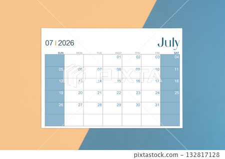 July 2026 calendar page on yellow and blue color background. July 2026 calendar page on yellow and blue color background. 132817128