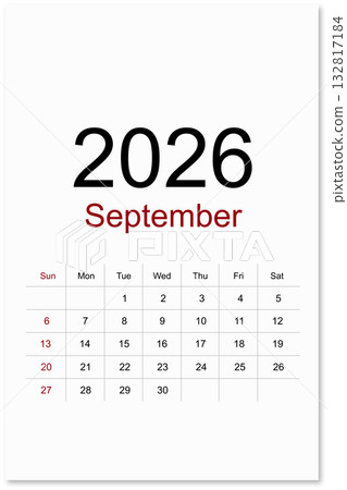 Calendar September 2026 flat style isolated on white background, Save clipping path. Calendar September 2026 flat style isolated on white background, Save clipping path. 132817184