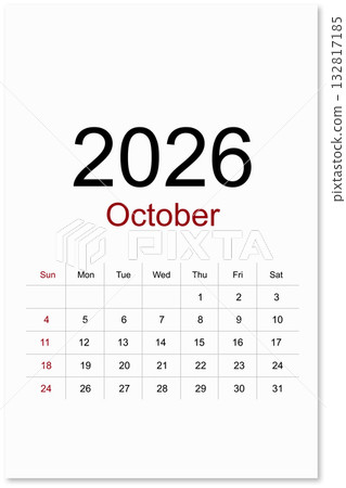 Calendar October 2026 flat style isolated on white background, Save clipping path. 132817185