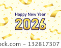 celebration happy new year 2026 with golden color ribbon and confetti on yellow background party theme poster vector illustration 132817307