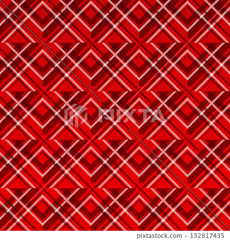 A three-dimensional geometric checkered pattern background of diamonds and stripes in red tones A three-dimensional geometric checkered pattern background of diamonds and stripes in red tones 132817435