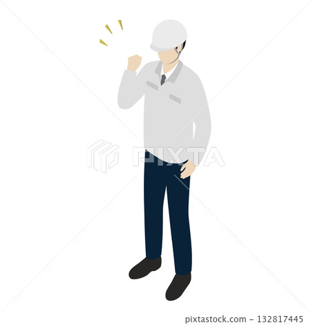Isometric illustration of a male engineer wearing a work jacket and suit and a helmet making a guts pose 132817445