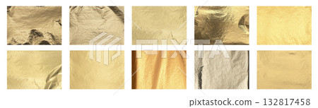 Golden shiny texture background. Crumpled metallic foil with bright glow, glossy reflection, elegant 132817458