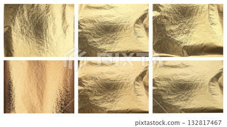 Golden textured background. Crumpled metallic foil with glossy reflection, bright glow, glitter 132817467