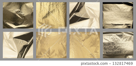 Golden textured background. Polished metallic foil with wrinkled surface, glitter sparkle, glossy 132817469