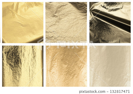 Golden textured background. Wrinkled metallic foil with polished surface, bright glow, glossy 132817471