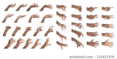 Hand gesture set. Dark-skinned male showing finger poses for counting, grasp and hold, presenting Hand gesture set. Dark-skinned male showing finger poses for counting, grasp and hold, presenting 132817476