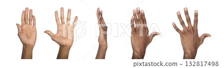 Hand open and raised. Dark-skinned male showing front and back view with fingers apart, waving 132817498