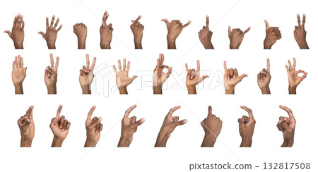 Hand sign set. Dark-skinned male showing different finger gestures including peace, ok, fist, thumb Hand sign set. Dark-skinned male showing different finger gestures including peace, ok, fist, thumb 132817508