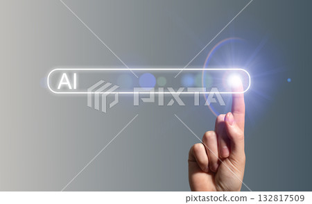 Hand touching AI search bar. Female user interacting with digital interface symbolizing artificial Hand touching AI search bar. Female user interacting with digital interface symbolizing artificial 132817509