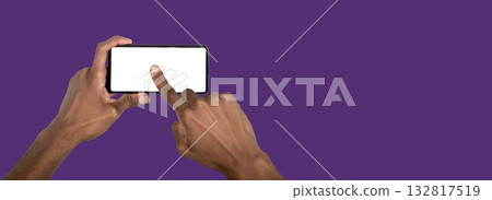 Holding smartphone with white display for digital campaign, advertising concept or promotional 132817519