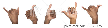 Shaka hand gesture. Dark-skinned male showing thumb and pinky raised in cool surfer sign, relaxed Shaka hand gesture. Dark-skinned male showing thumb and pinky raised in cool surfer sign, relaxed 132817569