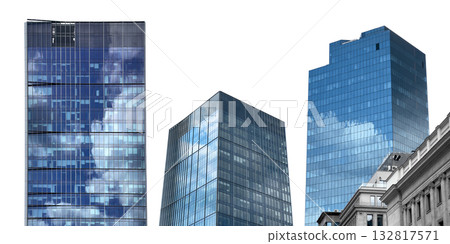 Skyscraper building exterior set. Tall modern glass tower with blue reflection of sky and clouds 132817571