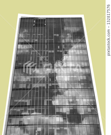 Skyscraper building facade view. Modern corporate tower with glass windows and reflective surface, Skyscraper building facade view. Modern corporate tower with glass windows and reflective surface, 132817576